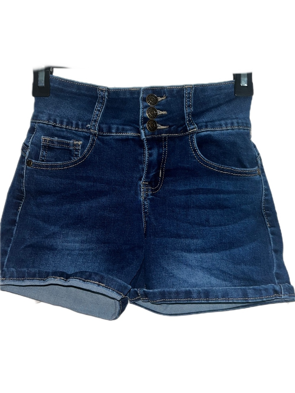 High-Waist Dark Blue Denim Shorts with Triple-Button Front